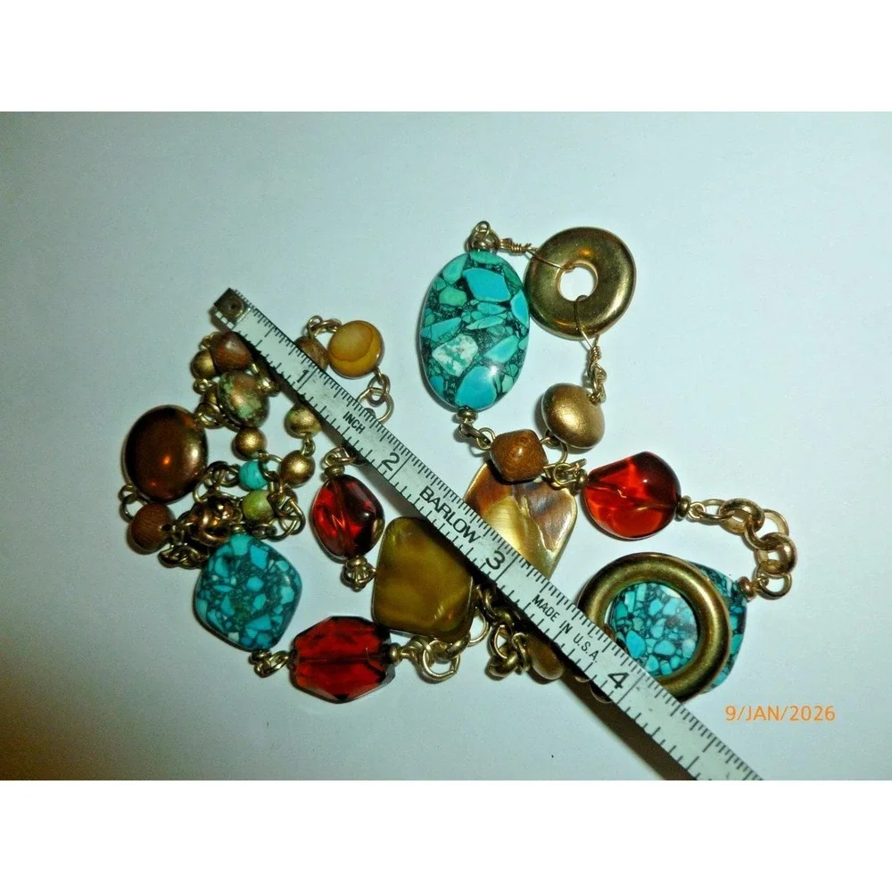 Boho‎ Chunky Faux Turquoise Colorful Lucite Gold Tone Long  Statement Necklace